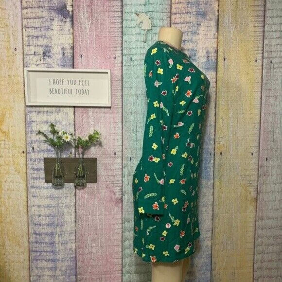 Long Sleeve Teacher Fashion Floral Print Sheath Knee Length Green Daisy Dress - Picture 6 of 9